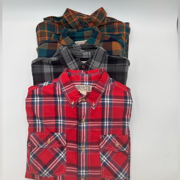 Men’s Set of 4 Duluth Plaid Long Sleeve Button Down 100% Cotton Shirts Sz L - Picture 1 of 16